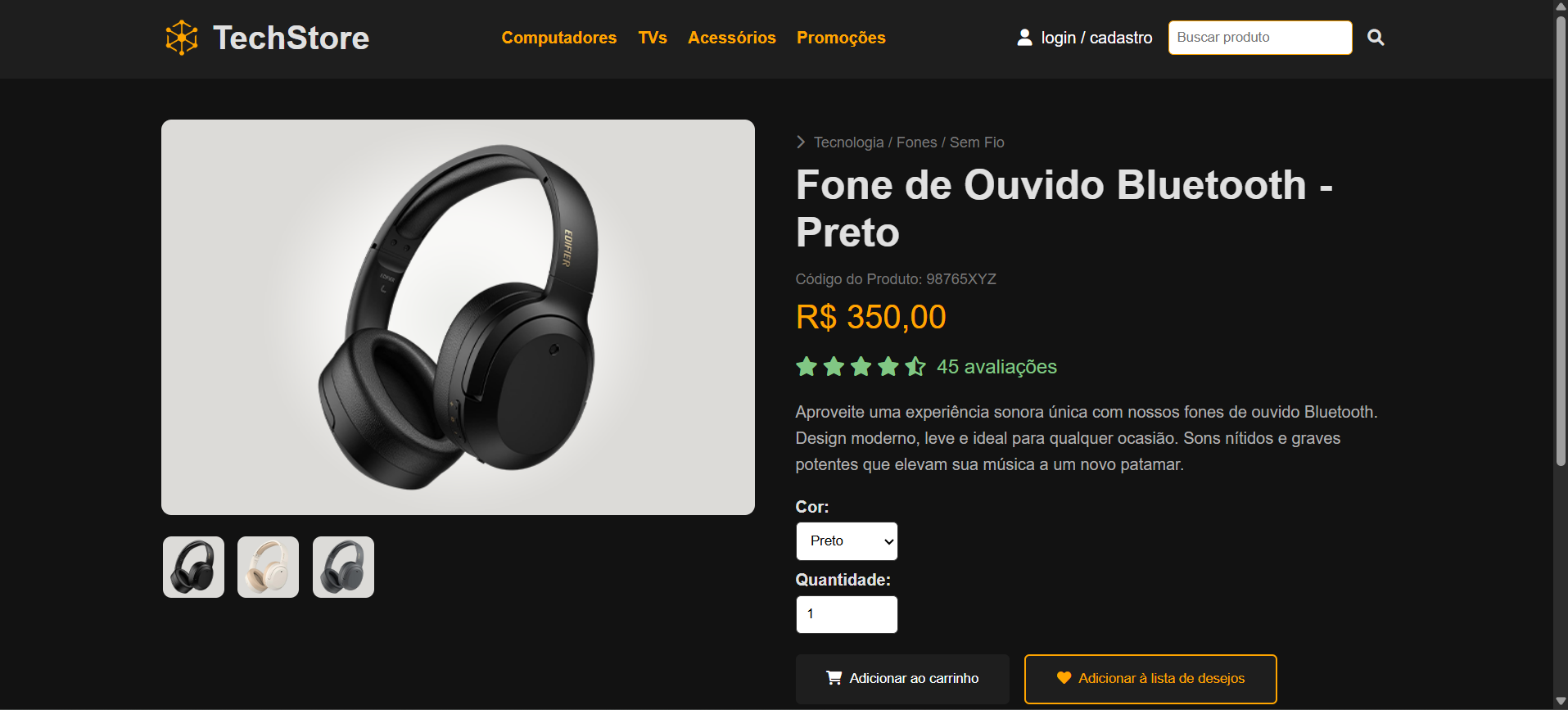 Imagem do projeto página fone de ouvido