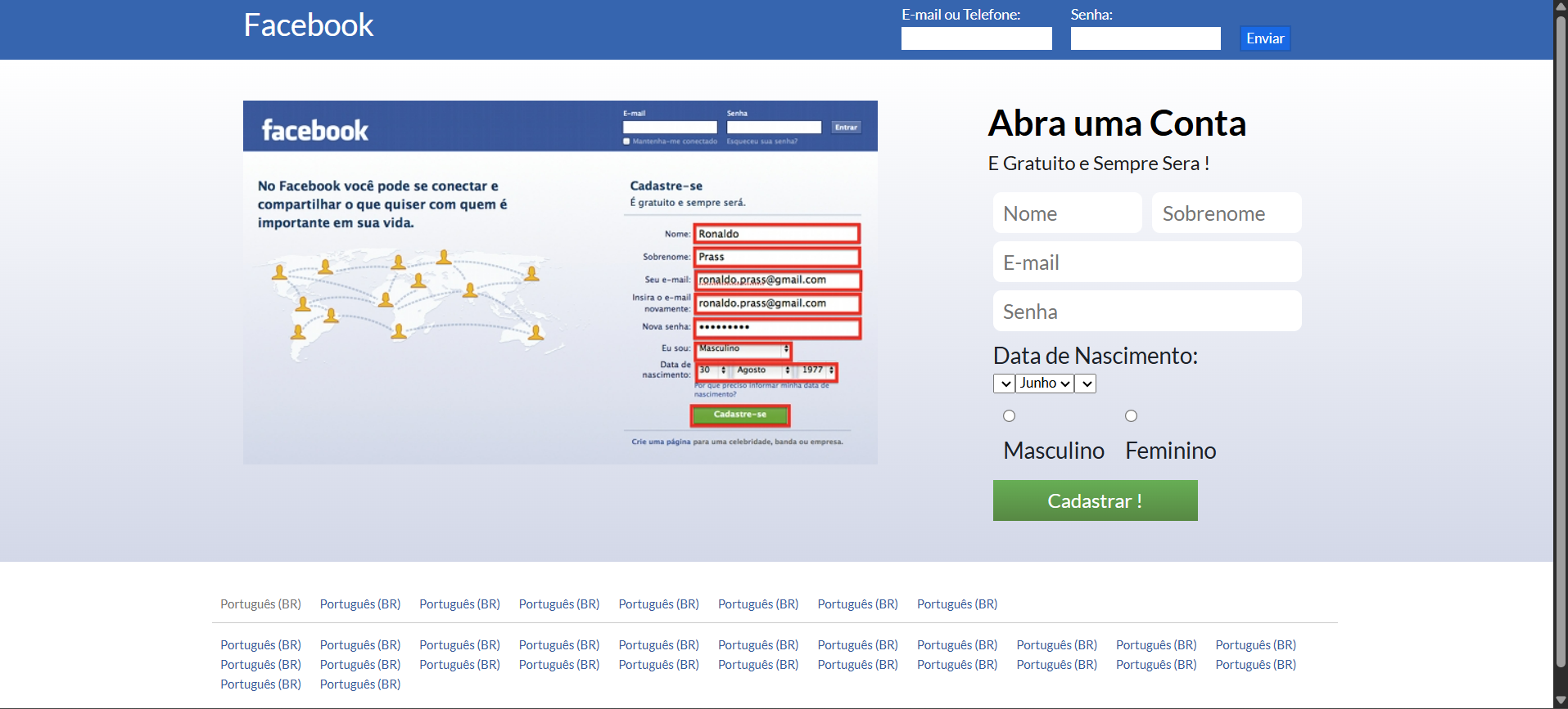 Imagem do projeto página inicial facebook